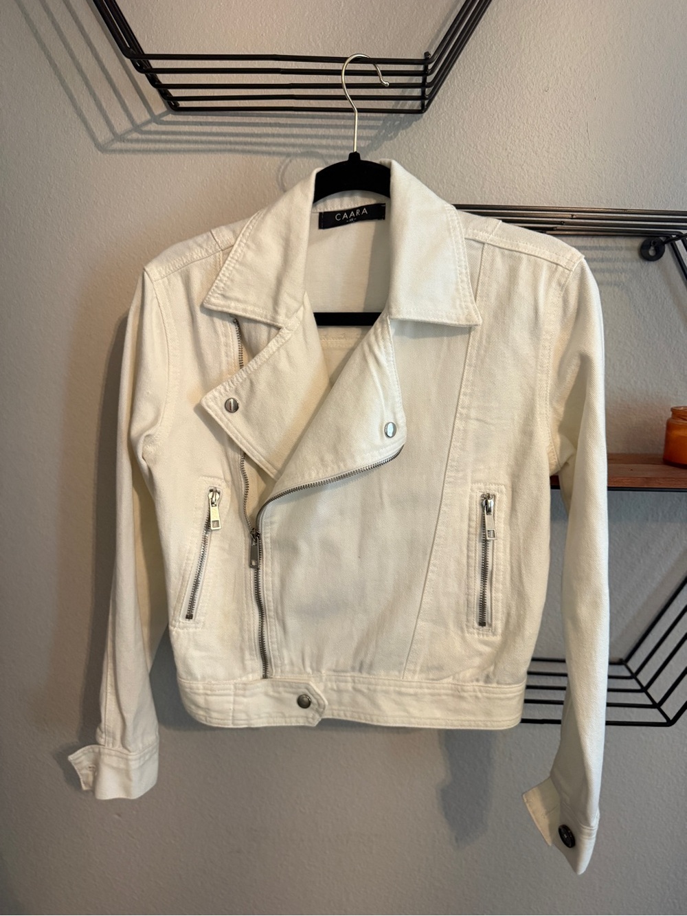CAARA White Denim Moto Jacket - Women's Asymmetrical Zip